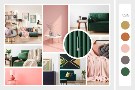 Cozy interior in pink and green Mood Boardデザインテンプレート