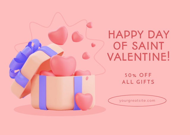 Valentine's Day Sale Ad with Hearts in Gift Box Postcard 5x7in Šablona návrhu