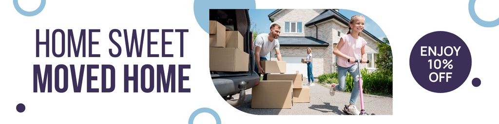 Moving Services Offer with Happy Family near House Twitter Design Template