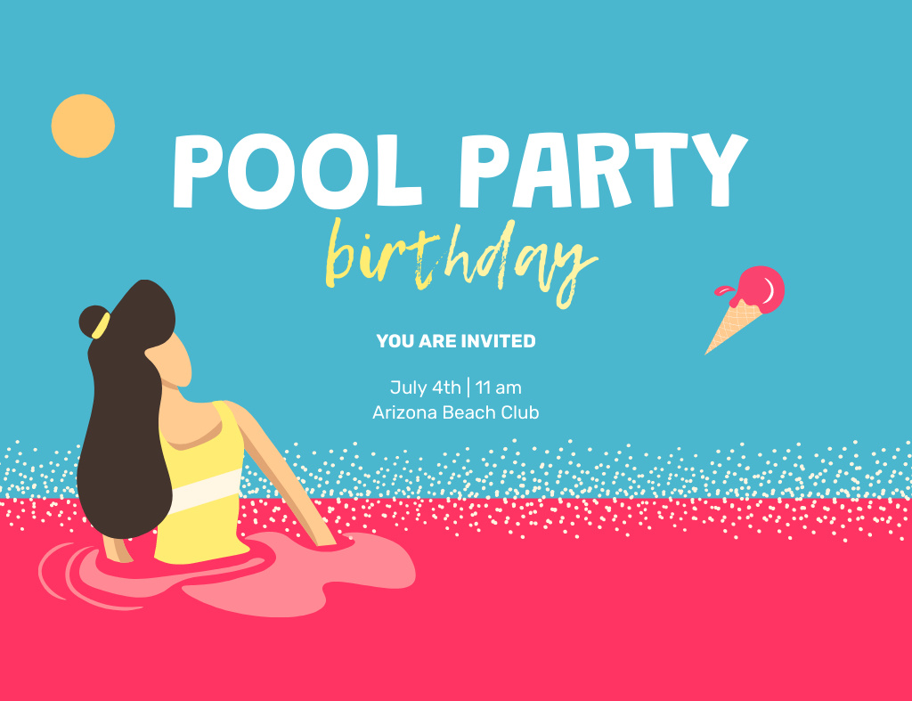Birthday Pool Party Announcement With Ice Cream Invitation 13.9x10.7cm Horizontal Design Template