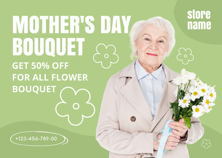 Vanhin nainen, jolla on herkkiä kukkia äitienpäivänä Card Design Template