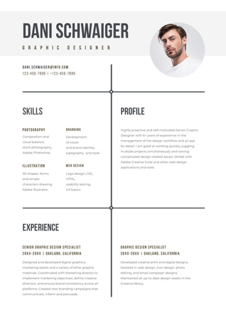 Web Developer Skills and Experience with Serious Man Resume Design Template
