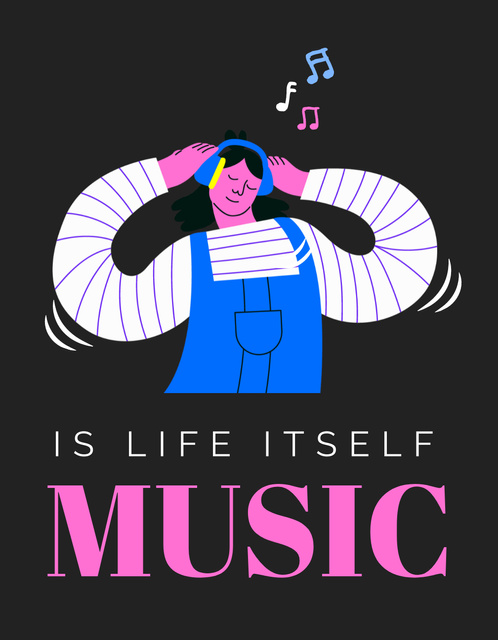 Ontwerpsjabloon van T-Shirt van Girl in Overalls Listening to Music on Headphones