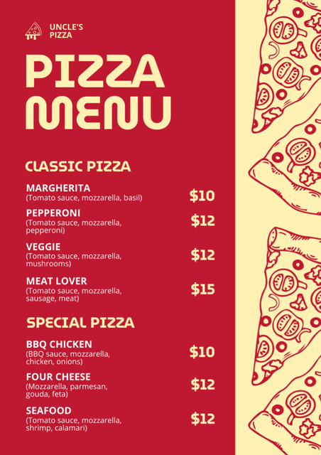 Pizzeria Proposal with Appetizing Pizza Sketches Menu Design Template