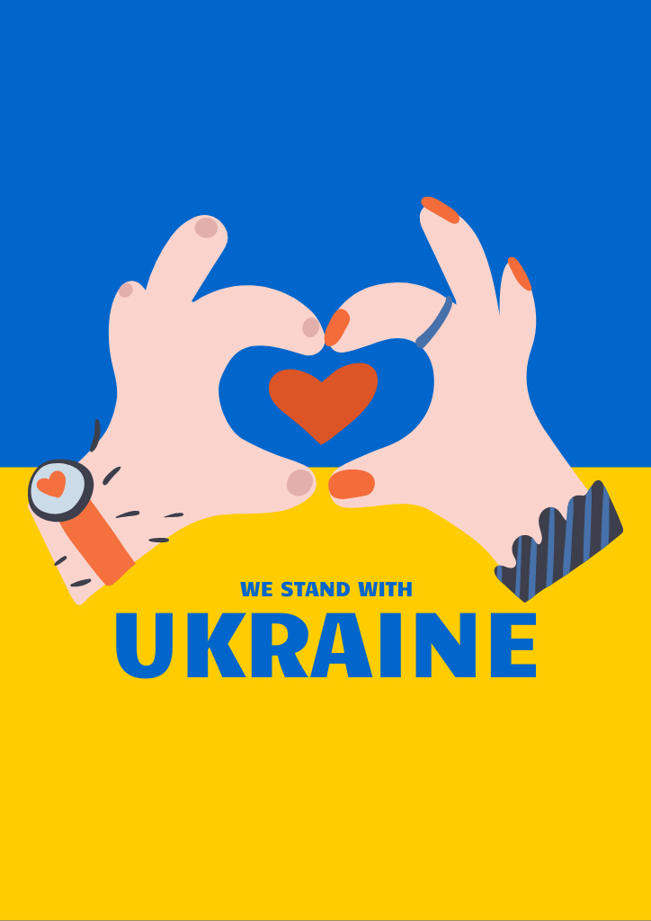 Hands Holding Heart on Background of Ukrainian Flag Flyer A4 – шаблон для дизайна