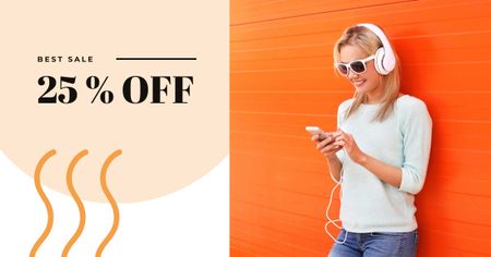 Sale Offer with Woman in Headphones Facebook AD Design Template