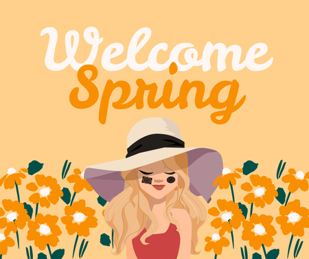 Congratulations on Coming of Spring with Image of Woman in Hat Facebook Design Template