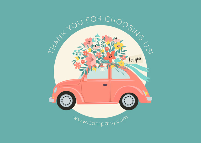 Designvorlage Thank You Message with Cute Retro Car and Flowers für Postcard 5x7in