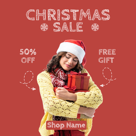 Woman Hugs Gifts on Christmas Sale Instagram AD Design Template