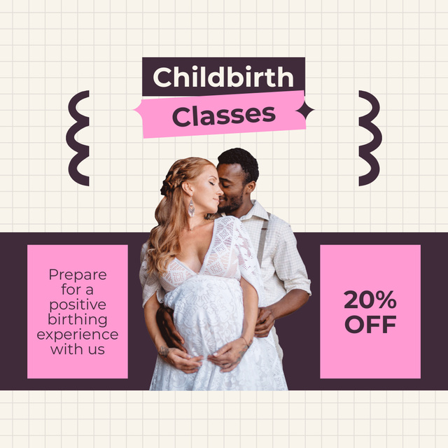 Plantilla de diseño de Childbirth Classes Offer with Young Multiracial Couple Instagram AD 