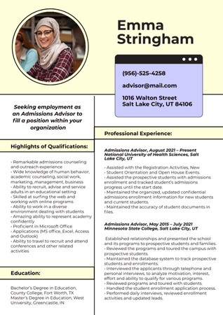 Plantilla de diseño de Admissions Advisor Skills and Experience Resume 