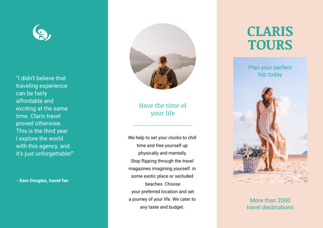 Vacation Tours Info with Young Woman Brochure Din Large Z-fold – шаблон для дизайну