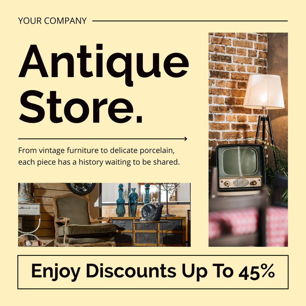 Big Discounts On Furniture In Antique Store Offer Instagram ADデザインテンプレート