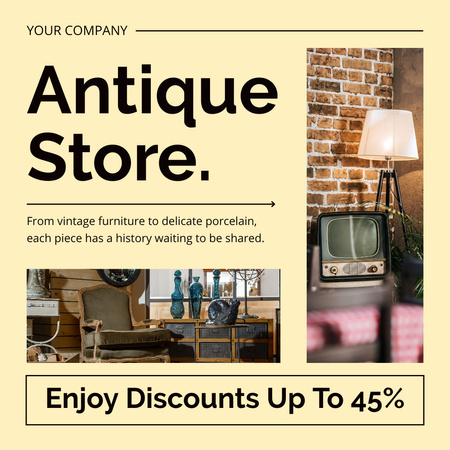 Big Discounts On Furniture In Antique Store Offer Instagram AD Design Template