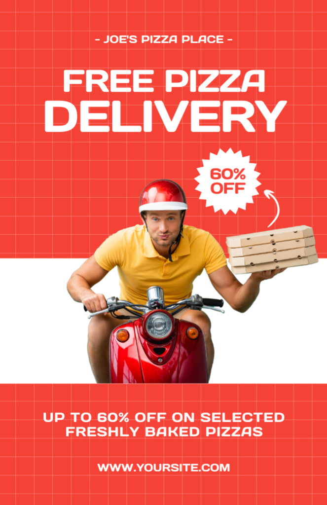 Free Pizza Delivery by Courier on Scooter Recipe Card Šablona návrhu