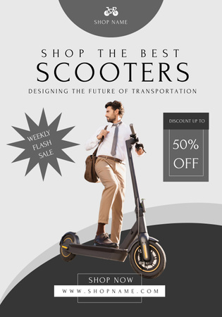 Platilla de diseño Cute Man Standing on Electric Scooter Poster 28x40in