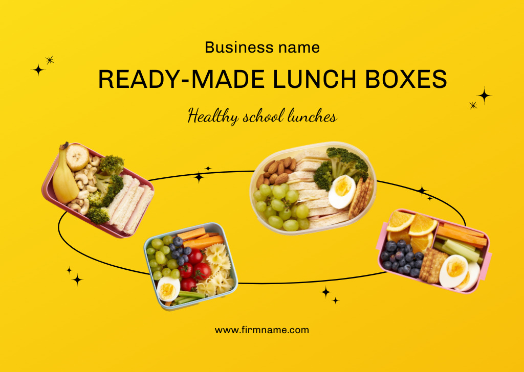 School Food Ad with Lunch Boxes on Yellow Flyer A6 Horizontal Tasarım Şablonu