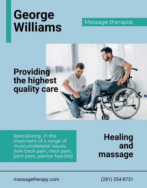 Plantilla de diseño de Massage Therapist Services Offer with Man in Disabled Carriage Poster 22x28in 