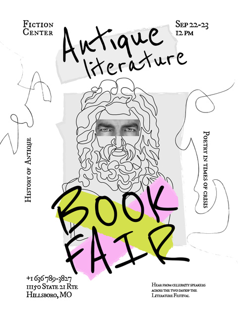 Book Fair Event Announcement with Creative Illustration Poster US tervezősablon
