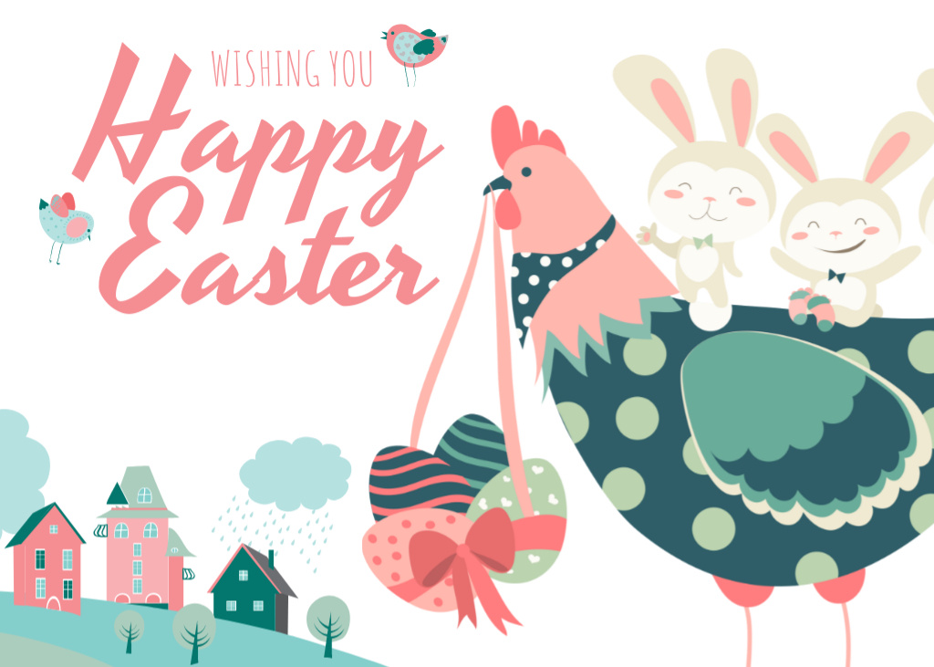 Plantilla de diseño de Easter Wishes With Chicken And Bunnies Postcard 5x7in 