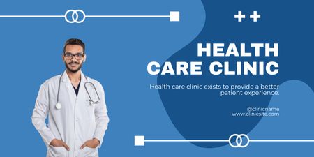 Klinikan mainos ammattilääkärin kanssa stetoskoopilla Twitter Design Template