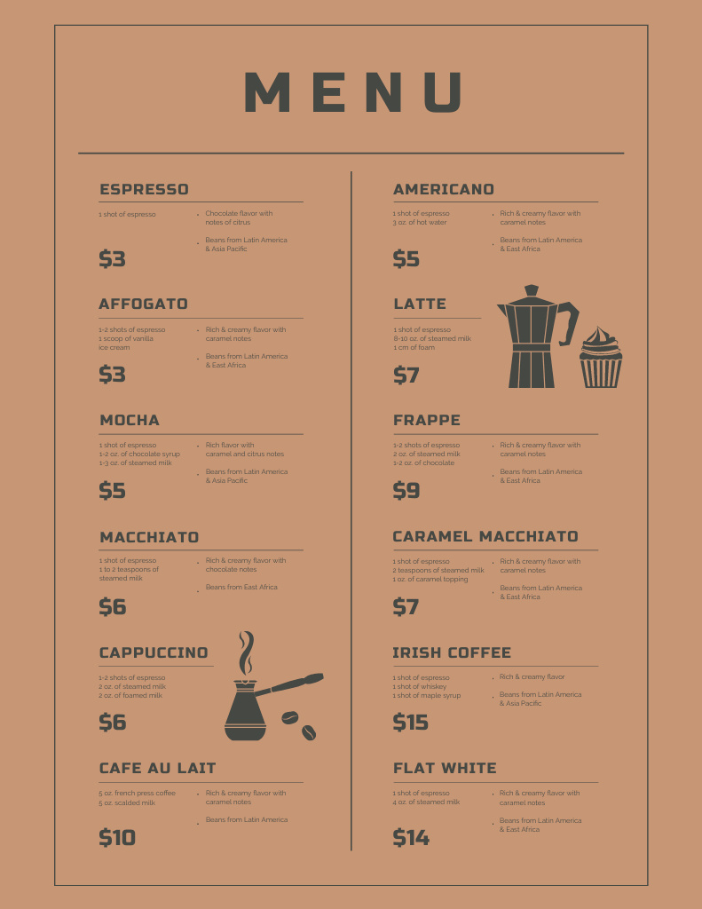 Coffee Variety List In Brown Menu 8.5x11in tervezősablon