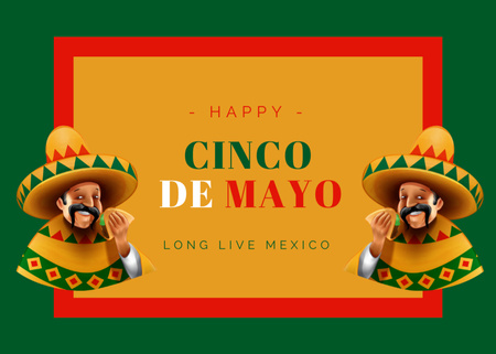 Cinco de Mayo sváteční reklama s muži v Sombrero jedí taco Postcard 5x7in Šablona návrhu