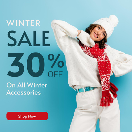 Winter Sale Ad with Woman in Cute Scarf with Ornament Instagram Design Template