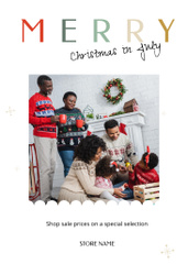 Christmas In July Sale with African American Family near Christmas Tree