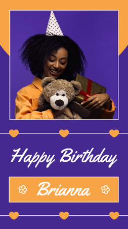 Beautiful African American Birthday Girl with Teddy Bear Instagram Story Design Template