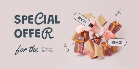 Ontwerpsjabloon van Twitter van Speciale aanbieding voor Chinees Nieuwjaar van vakantiegoederen
