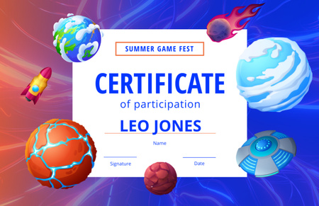 Plantilla de diseño de Anuncio del festival de juegos con planetas Certificate 5.5x8.5in 
