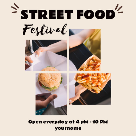 Street Food Fesztivál meghívás hamburgerrel és sült krumplival Instagram tervezősablon