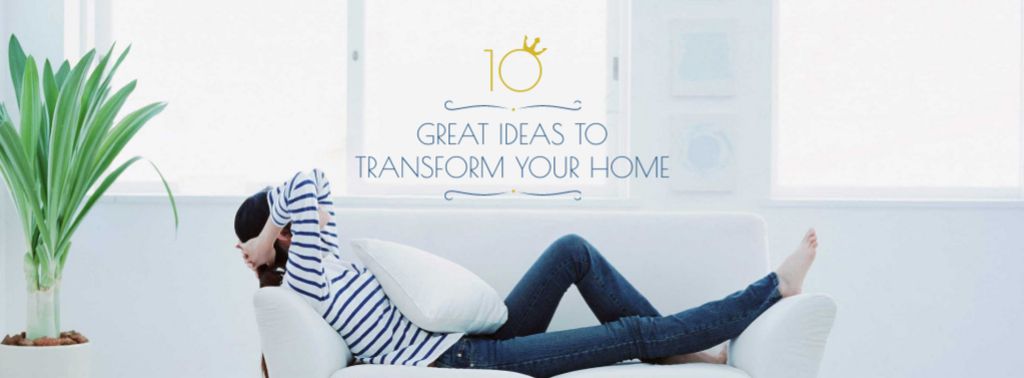 Real Estate Ad with Woman Resting on Sofa Facebook cover Πρότυπο σχεδίασης