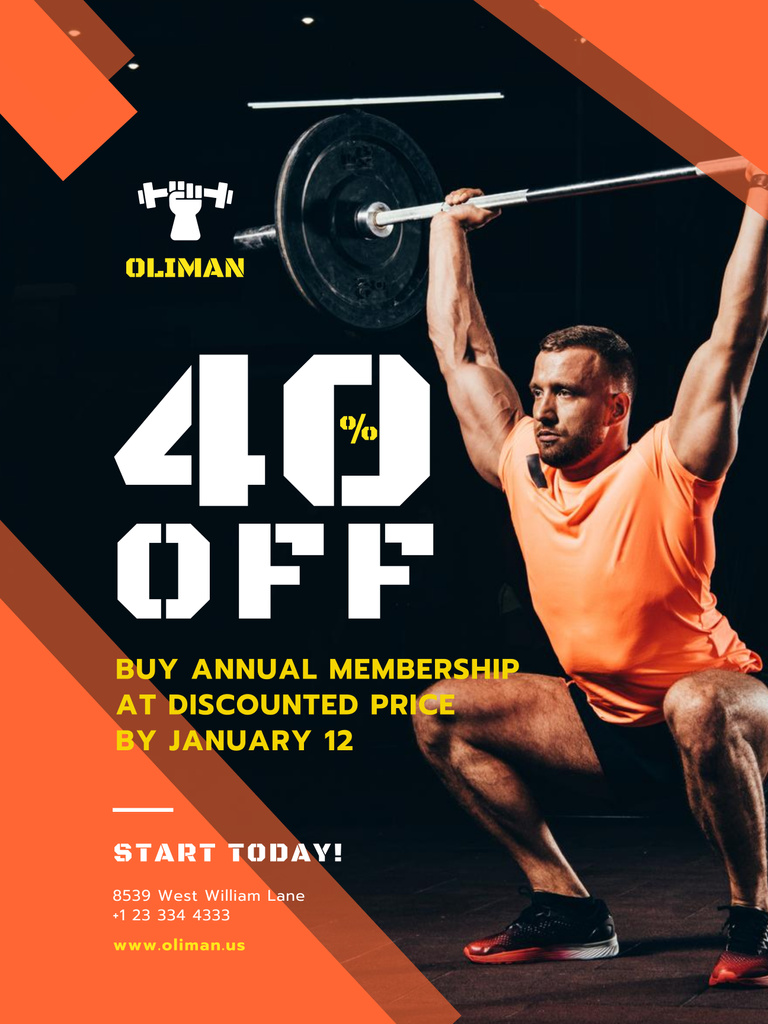 Gym Promotion with Man Lifting Barbell Poster 36x48in – шаблон для дизайна