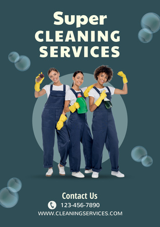 Cleaning Service Ad with Confident Team in Yellow Gloves Poster Modelo de Design
