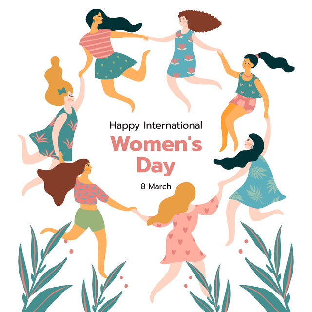 International Women's Day Greeting with Happy Dancing Women Instagram tervezősablon