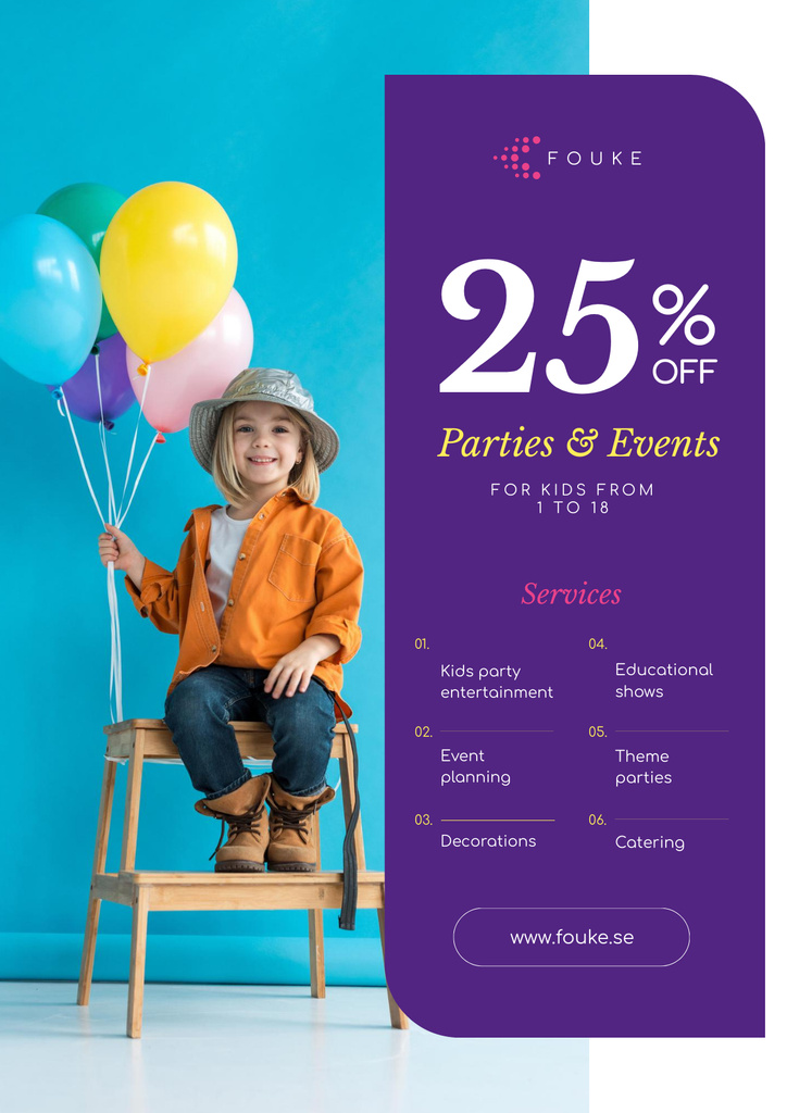 Plantilla de diseño de Party And Events Organization Service with Girl with Balloons Poster 