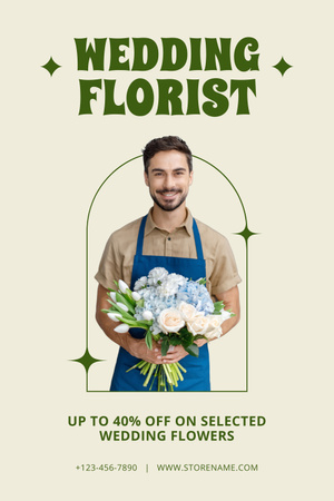 Flower Shop Ad with Handsome Florist Holding Bouquet Pinterest Design Template