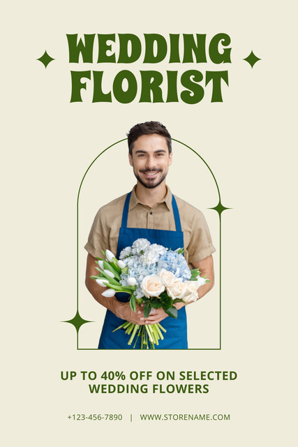 Flower Shop Ad with Handsome Florist Holding Bouquet Pinterestデザインテンプレート