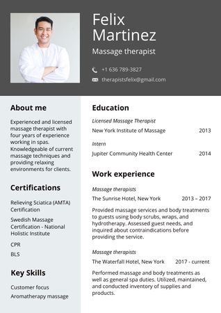 Massage Therapist Skills and Experience Resume Tasarım Şablonu