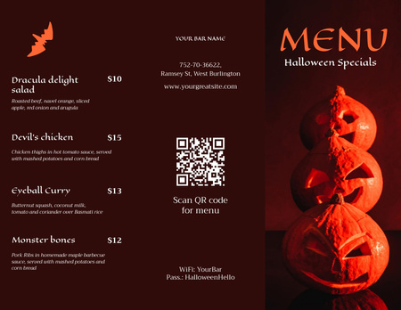 Halloween Food Specials Ad with Pumpkins Menu 11x8.5in Tri-Fold Design Template