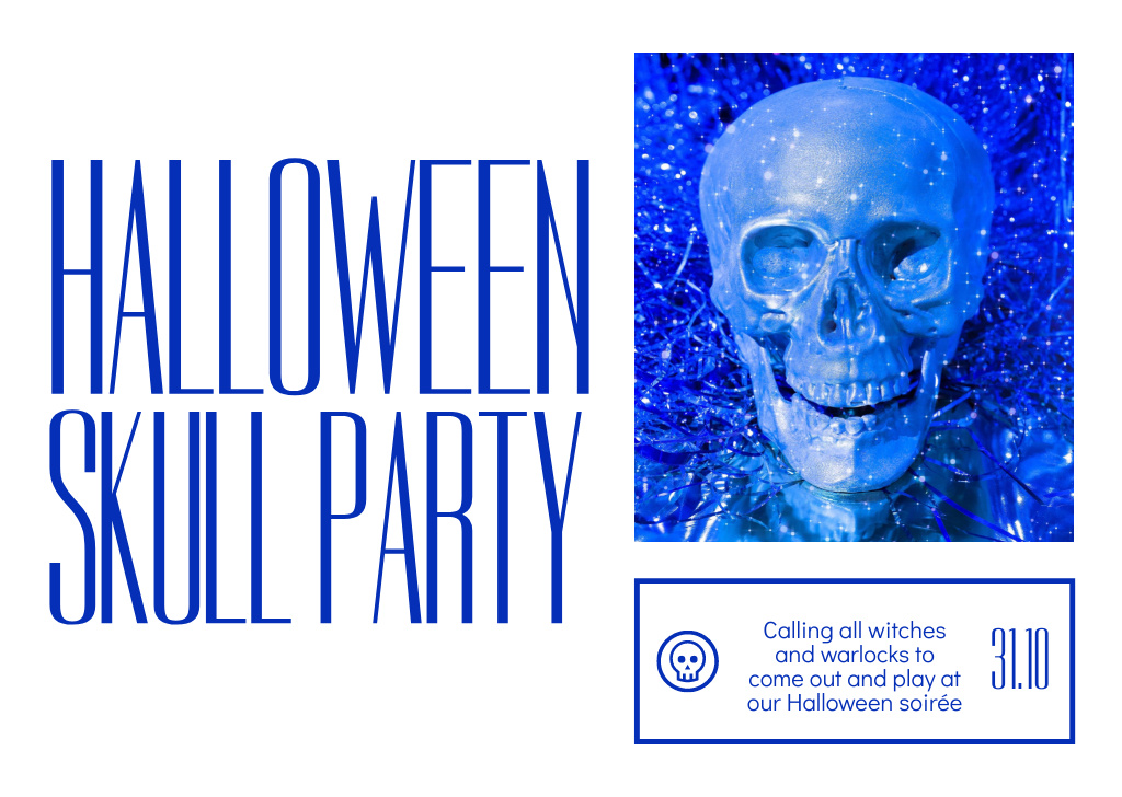 Ontwerpsjabloon van Flyer A6 Horizontal van Creepy Halloween Skull Party Announcement In White