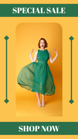 Fashion Special Sale Ad with Girl in Green Dress Instagram Story Design Template