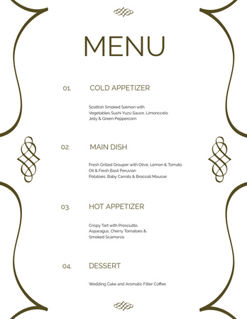 Wedding Food List Ornated with Classic Elements Menu 8.5x11in Design Template