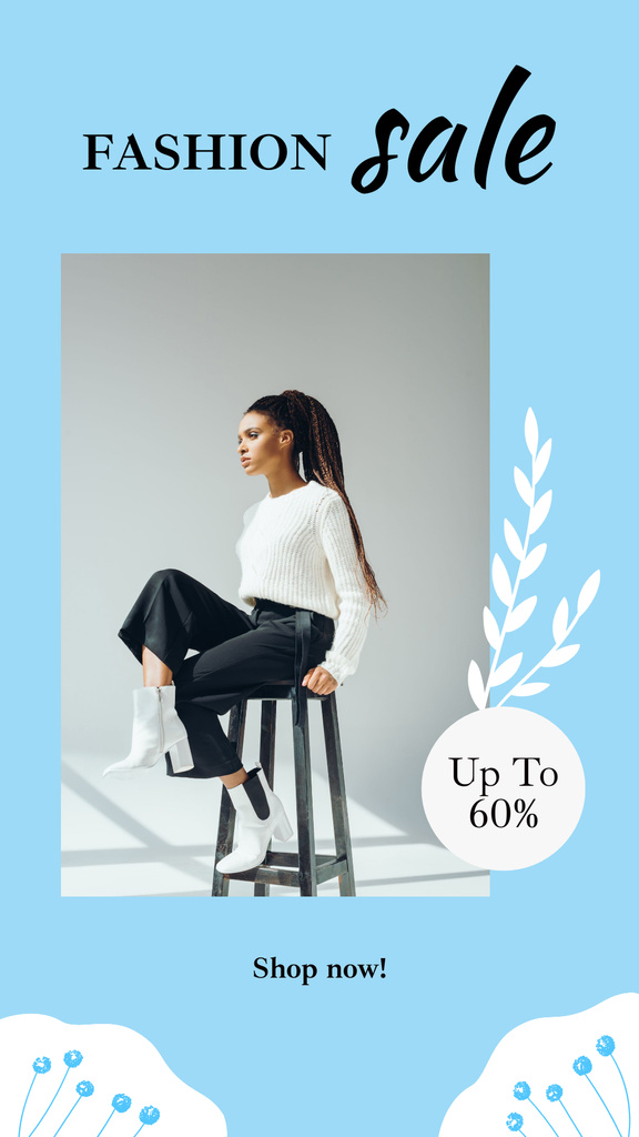 Female Fashion Clothes Ad with Woman on Chair in Studio Instagram Story Modelo de Design