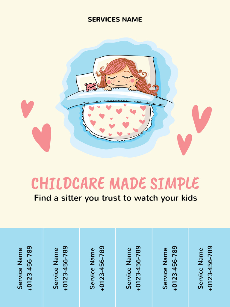 Cute Little Girl Sleeping Peacefully in Bed Illustration Poster US Design Template