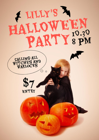 Halloween Party with Child and Cute Cat Flyer A4 Design Template
