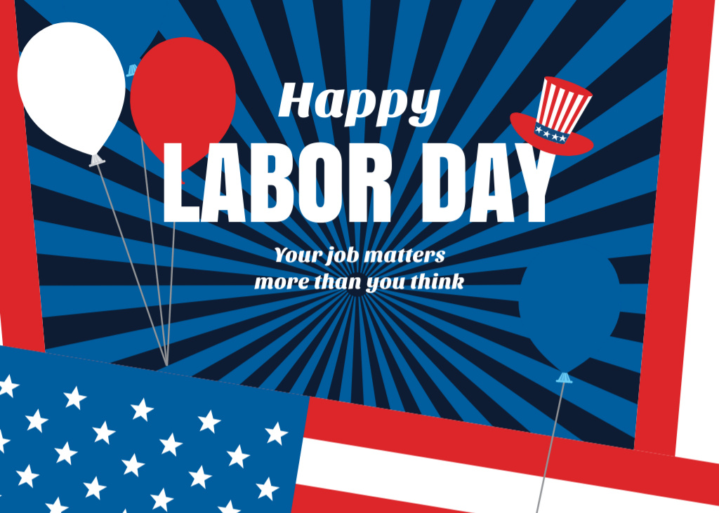 USA Labor Day Celebration Illustration of Hat and Balloons Postcard 5x7in Šablona návrhu