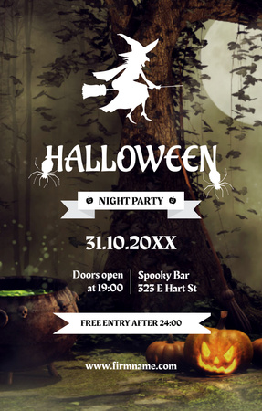 Halloween Night Party with Flying Scary Witch Invitation 4.6x7.2in Design Template
